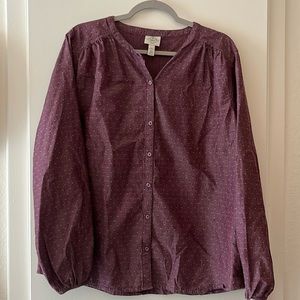 Purple chambray polka dot long sleeve blouse with bubble sleeve